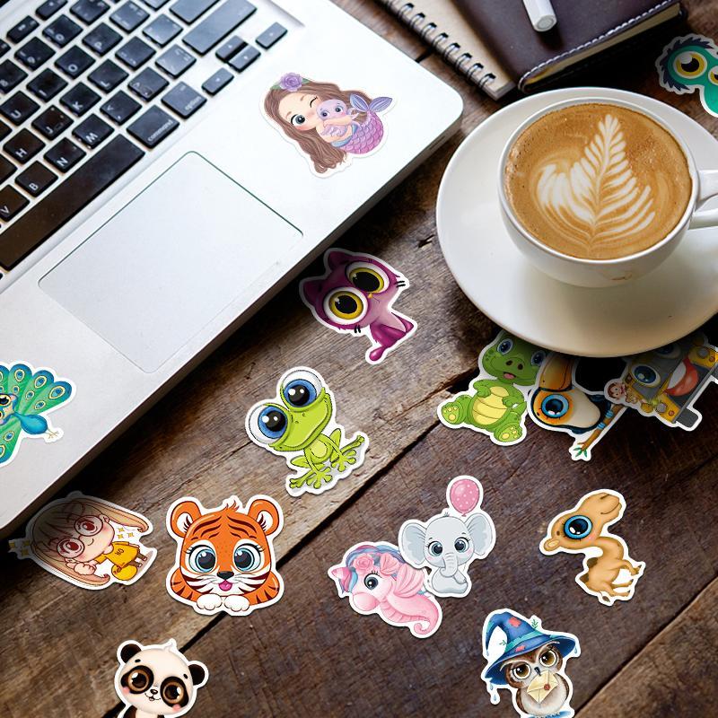 50pcs Cute Animal Pattern Self-Adhesive Sticker, Waterproof Skateboard Decoration Sticker