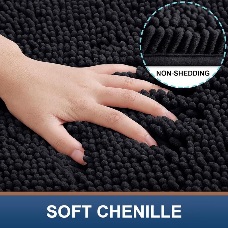 Black Luxury Chenille Bath Rug, 30''x20'', Extra Soft and Absorbent. non-slip plush shaggy bath carpet, Machine Washable. Carpet Runner for Tub, Shower, and Bath Room. Mat Microfiber