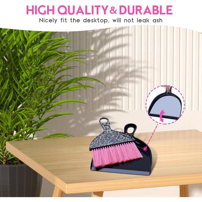 2count Mini Dustpan and Brush Set, Mini Broom and Dustpan Set with Pink Leopard Print Design, Hand Broom and Dustpan Set, Whisk Broom and Dustpan Set for Cleaning Desk, Kitchen, Home, Cars, Pets, s