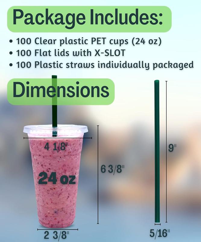 [100 SETS] 24 oz Clear Plastic Cups with Lids and STRAWS, Disposable Iced Coffee cups with Lids, Clear Cups with Lids for Cold Drinks, Iced , Milkshakes, Smoothies