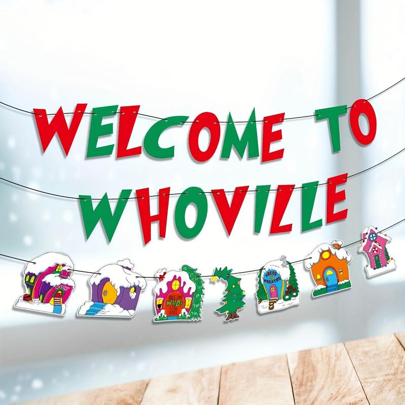 Welcome To Whoville Banner, 1 Set Christmas Themed Banner, Xmas Whoville Christmas Village Trees Banner, Merry Christmas Decorations for House Office School