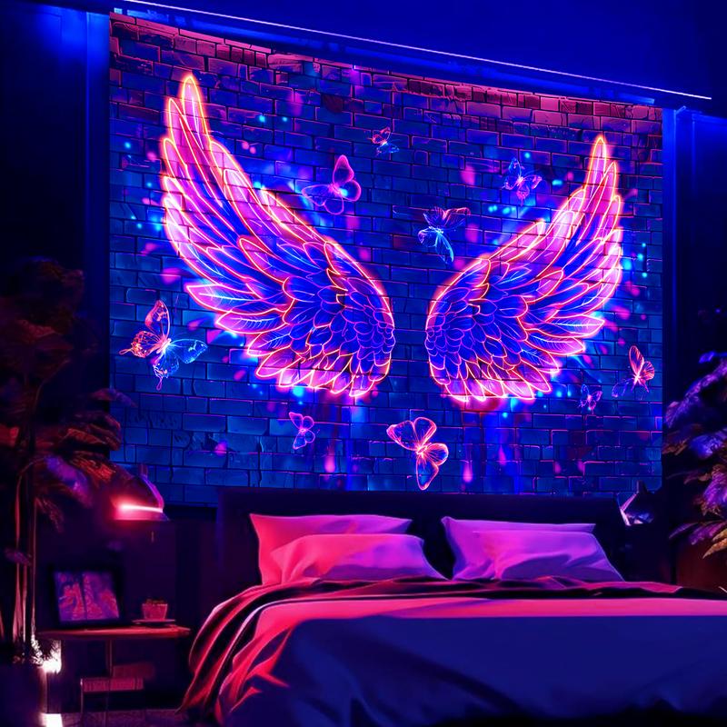 Blacklight Angel Wings Tapestry, UV Reactive Neon Wings Wall Hanging Tapestries, Fluorecent Butterfly Aesthetic Wall Art Decor for Bedroom, Living Room