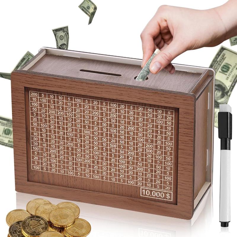 Cash Vault Wooden Savings Box,Wooden Cash Saver Money Box,Wooden Piggy Bank Coin Bank with Counting Target,10000 Savings Challenge Box,Wooden Coin Bank for Boys and Girls