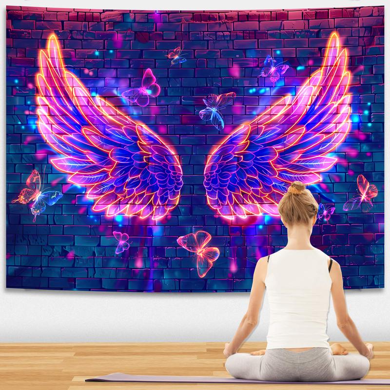 Blacklight Angel Wings Tapestry, UV Reactive Neon Wings Wall Hanging Tapestries, Fluorecent Butterfly Aesthetic Wall Art Decor for Bedroom, Living Room