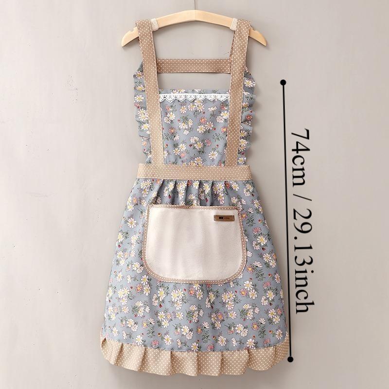 Floral Print Apron with Pocket, Household Essentials, Summer Stuff Cute Waterproof Oil-proof Apron for Women, Kitchen Cooking Apron for Baking and Gardening, Halloween Gifts, 2024 Kitchen Gadgets, Birthday Gifts