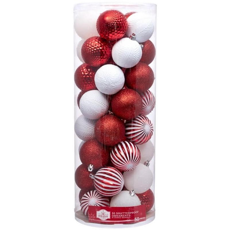 Red & White Shatterproof Christmas Ball Ornaments 50 Count Lightweight Eye Decoration