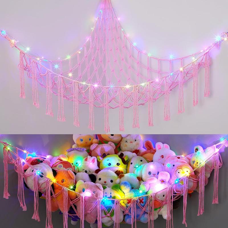 Stuffed  Net or Hammock with LED Light, Hanging Stuffed  Storage  Hammock Net Corner Wall Girls Room Decor  Storage Organizer, Pink, XL