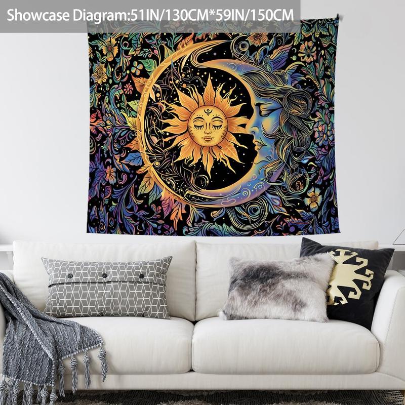 Sun & Moon & Flower Pattern Tapestry, 1 Count Psychedelic Mysterious Themed Tapestry, Wall Hanging Decoration for Home Bedroom Living Room Dormitory