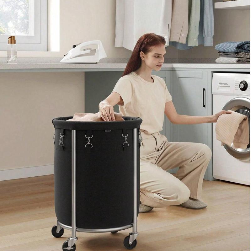 Laundry Basket With Wheels, Rolling Laundry Hamper, 18.5 Gal., Round Laundry Cart With Steel Frame And Removable Bag, 4 Casters And 2 Brakes