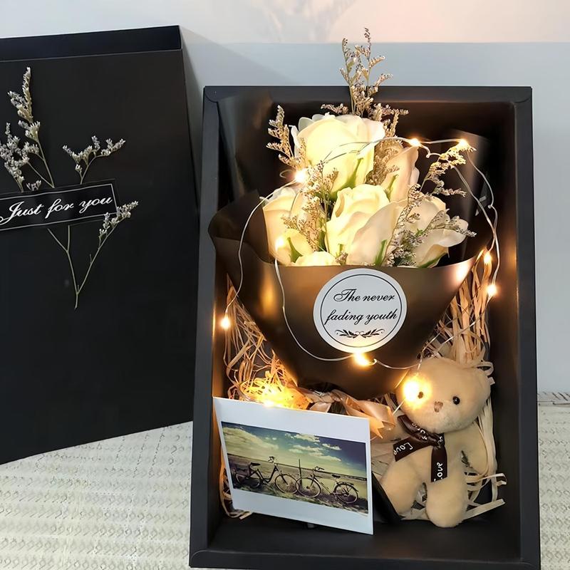 Christmas Artificial Flower Gift Box, 1 Box Soap Flower & Bear & Greeting Card & String Light, Decorative Flower Gift for Wife Girl Birthday Anniversary