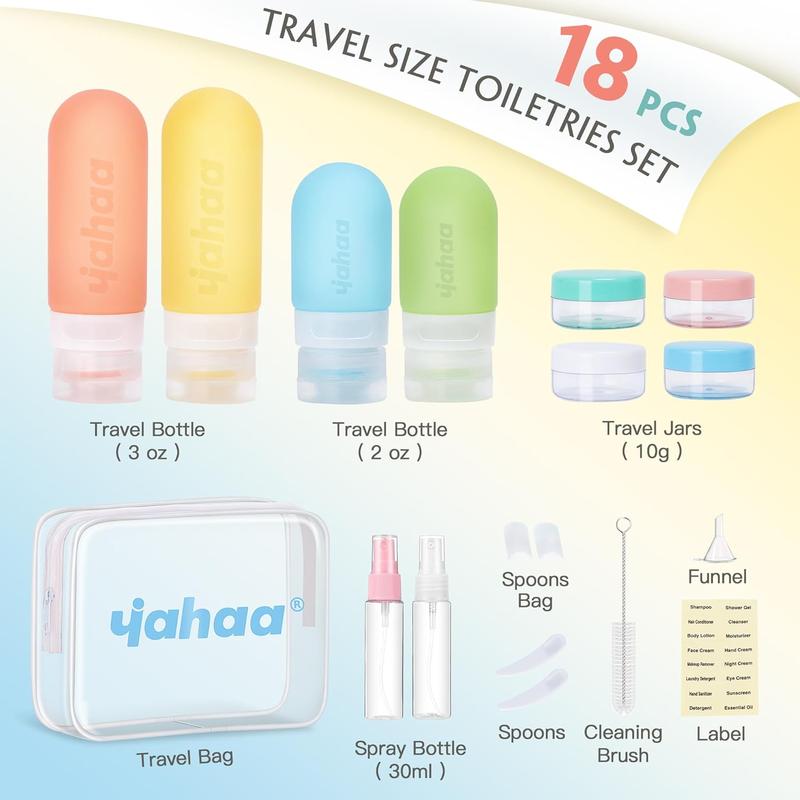 Travel Bottles Set-18 pcs Leak Proof Refillable Liquid Travel Accessories(Bottle & Jar & Spray Bottle & Tool Set）with Transparent Storage Bag, TSA Approved Travel Size Containers for Girls, Boys, Adults,Kids & Elders Leak-Proof Silicone