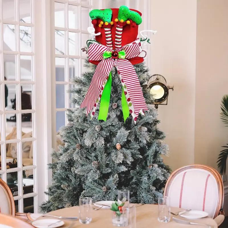 Christmas Tree Top Hat Ornaments, 1 Count Candy Bar & Twister Stick & Ribbon Bow Decor Tree Topper, Festive Decorations for Home Party