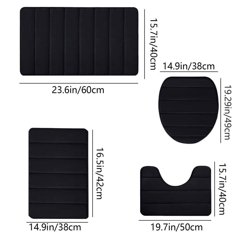 Black Memory Foam Bathroom Rug Set 4 Piece, Non Slip Extra Soft Absorbent Washable & Dry Toilet Bath Mat Sets