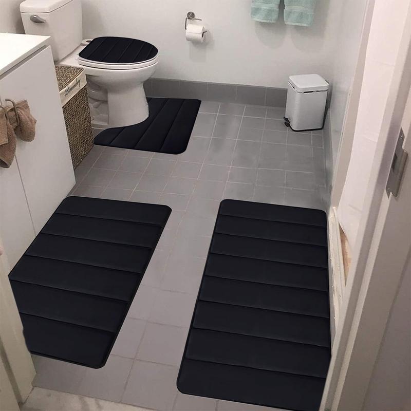 Black Memory Foam Bathroom Rug Set 4 Piece, Non Slip Extra Soft Absorbent Washable & Dry Toilet Bath Mat Sets