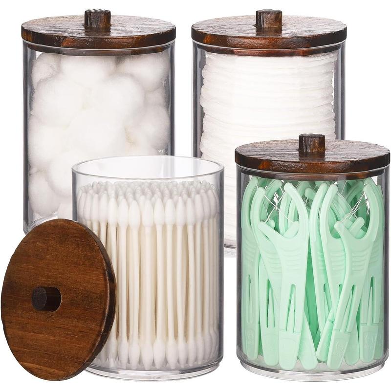 Pack Qtip Holder Bathroom Set, 10 oz Restroom Bathroom Organizers and Storage Containers, Clear Plastic Apothecary Jars with Wood Lids for Cotton Ball, Cotton Swab, Floss Bottles Tin Canister Wooden