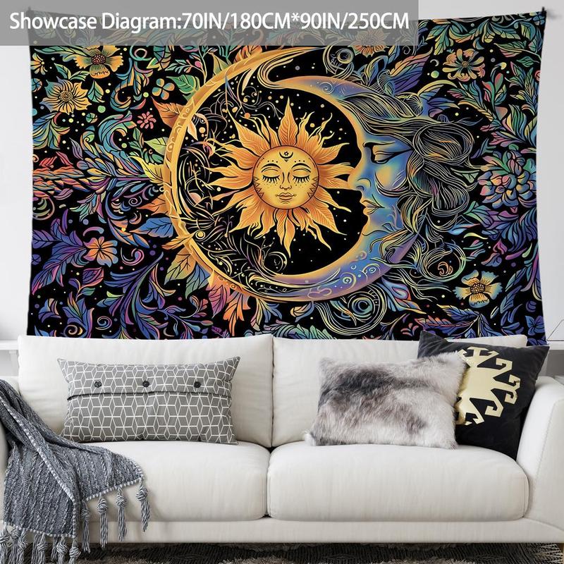 Sun & Moon & Flower Pattern Tapestry, 1 Count Psychedelic Mysterious Themed Tapestry, Wall Hanging Decoration for Home Bedroom Living Room Dormitory