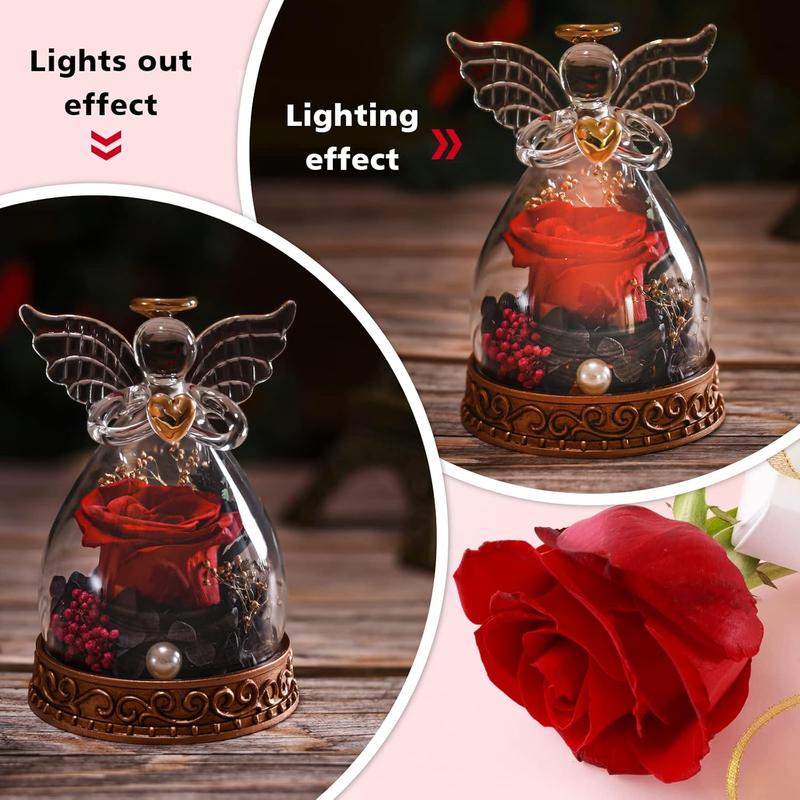 Angel Gifts for Women, Mom, Grandma, Preserved Real Rose in Glass Angel Figurine with LED Light, 1PSC Rose Gifts on Mother's Day, Christmas, Birthday, Valentine's Day (Red)