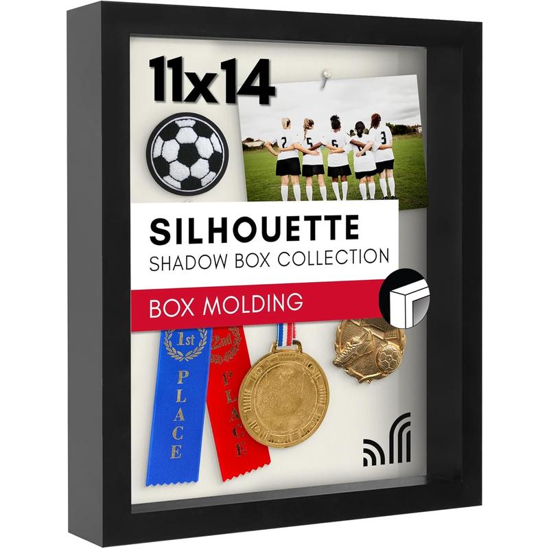 11x14 Shadow Box Frame with Shatter-Resistant Glass - Silhouette Collection - Large Shadow Box Display Case for Tabletop and Wall Display - Black with Soft Felt Back Decor Photo