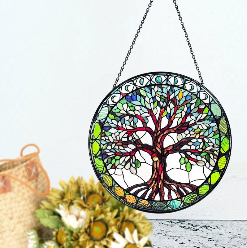 Tree of Life Stained Glass Sun Catcher with Moon Phases – Window Hanging, Wall Art, Indoor Decor, and Unique Gift