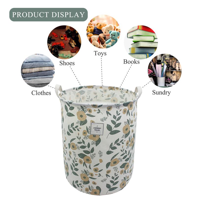 Cute Flower Printing Laundry Basket, Green Floral Laundry Hamper Women Men Girls Kids Toys Clothes Storage Organiser Waterproof Nursery Storage Basket