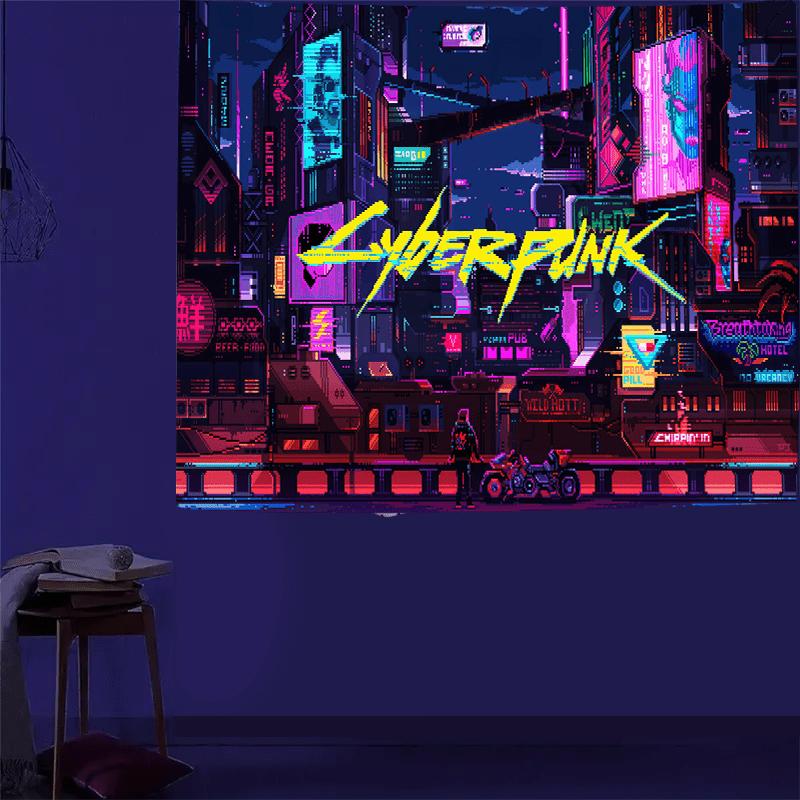 Cyberpunk Urban Night Tapestry - Multicolored, Large Polyester Wall Hanging for Living Room & Bedroom, Washable, Includes Free Accessories - Perfect Gift for Boyfriends and Friends