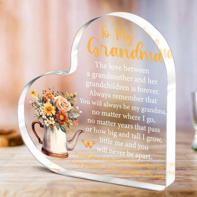 Heart Shaped Acrylic Plaque, Flower & Letter Pattern Acrylic Ornament, Grandma Gift, Tabletop Decor for Home Living Spaces, Gift Ideal for Thanksgiving, Christmas