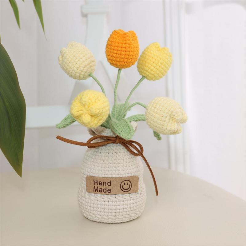 Handmade Knitted Flower with Vase for Room Decor, 1 Count Artificial Tulip Flower, Decorative Flower for Home Living Room Bedroom Dining Room, Fall Decor