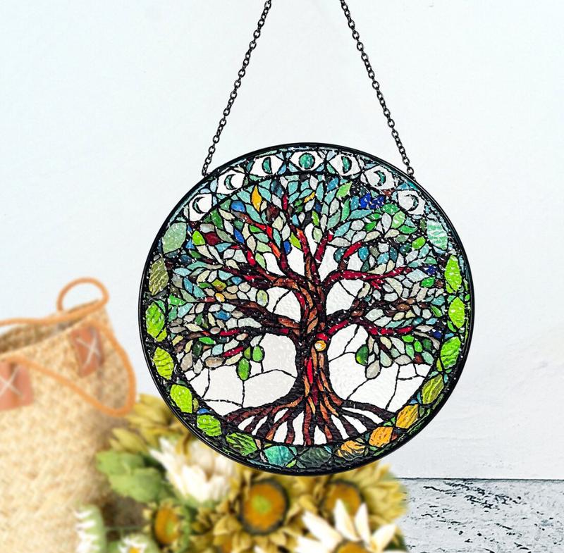 Tree of Life Stained Glass Sun Catcher with Moon Phases – Window Hanging, Wall Art, Indoor Decor, and Unique Gift