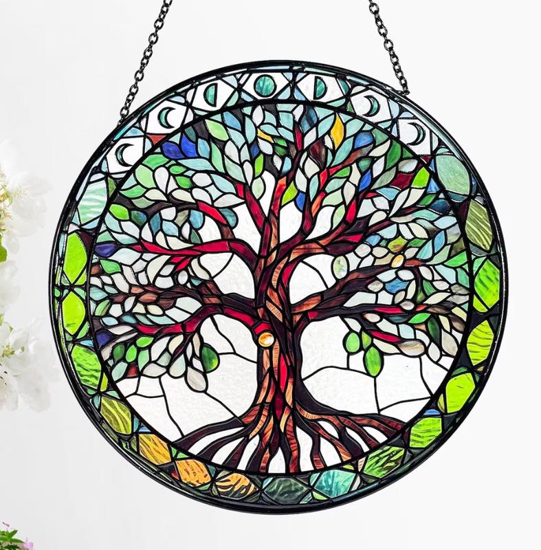 Tree of Life Stained Glass Sun Catcher with Moon Phases – Window Hanging, Wall Art, Indoor Decor, and Unique Gift