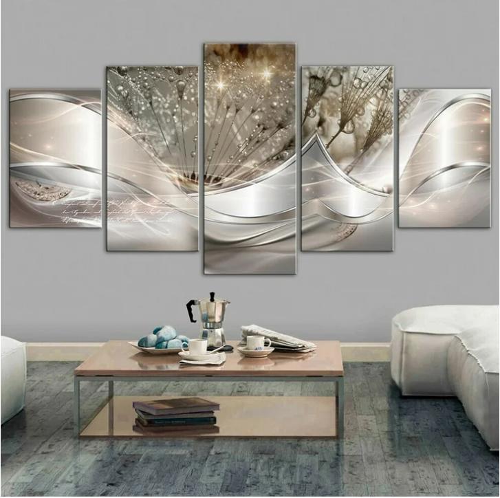 Abstract Wall Art Painting - 5 Piece Canvas Set - Flowing Water Droplets & Flower Wall-Art Background