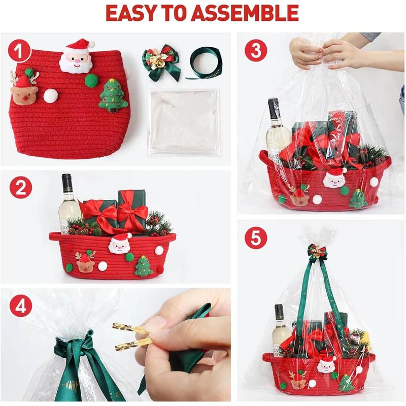 Christmas Gift Basket Empty Wrapping Set, Red Small Cotton Rope Basket with Gift Bag and Bow Ribbon Xmas Gifts for Women Men Kids, Storage Toy Snack Basket with Handle for Home Christmas Decorations