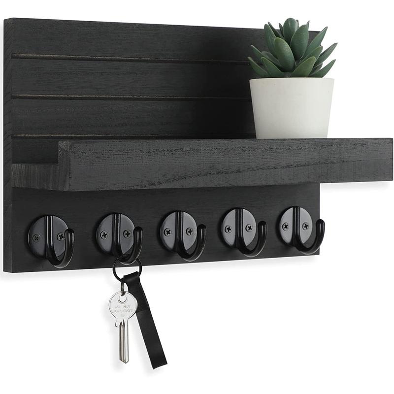 Key Holder for Wall, Decorative Key and Mail Holder with Shelf Has Large Hooks for Bags, Coats, Umbrella – Paulownia Wood Key Hanger with Mounting Hardware (9.8”W X 6.7”H X 4.2”D) - FAST 2-3 Day Delivery