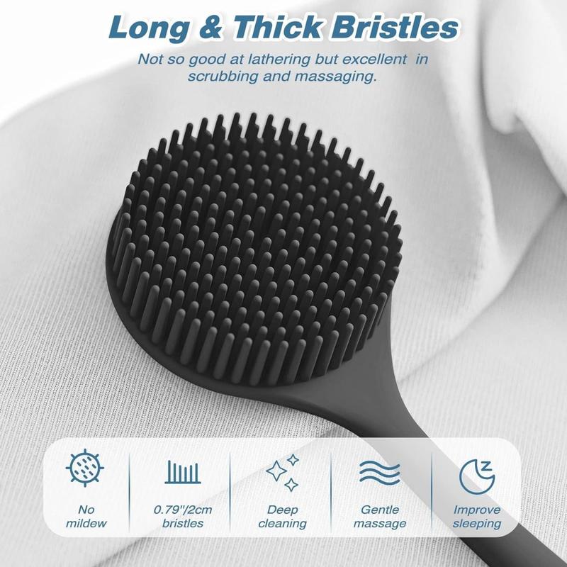 Silicone Back Scrubber(Thick Bristles) & Soft Bath Glove Set, Super-Exfoliating Body Scrubber & Super-Lathering Shower Brush Combination, with a Free Hook-Black Accessories