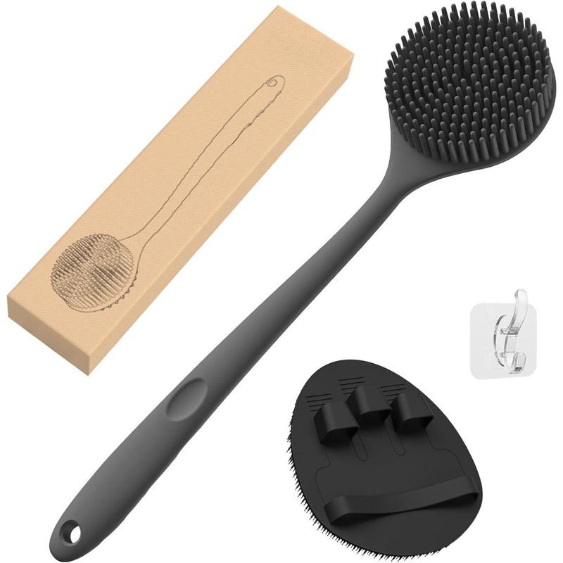 Silicone Back Scrubber(Thick Bristles) & Soft Bath Glove Set, Super-Exfoliating Body Scrubber & Super-Lathering Shower Brush Combination, with a Free Hook-Black Accessories