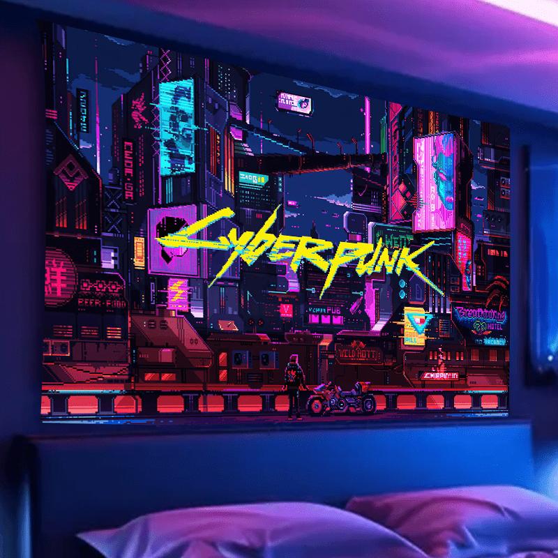 Cyberpunk Urban Night Tapestry - Multicolored, Large Polyester Wall Hanging for Living Room & Bedroom, Washable, Includes Free Accessories - Perfect Gift for Boyfriends and Friends