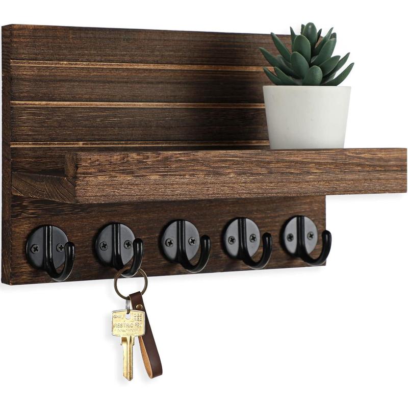 Paulownia Wood Key Holder, Wall Mounted with Shelf and Hooks for Bags, Coats, Umbrella. Decor Shelves