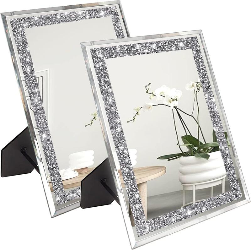 2PCS Diamond Mirrors Cute and Portable Desktop Mirror with Braces Accent Decorative Mirror for Vanity Table Bedroom（10”x12”）