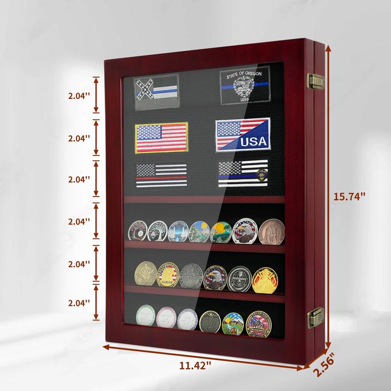 Challenge coin display box; HD Tempered Glass; removable shelves and black felt lining, wall mounted coin rack, tabletop display cabinet; storage box