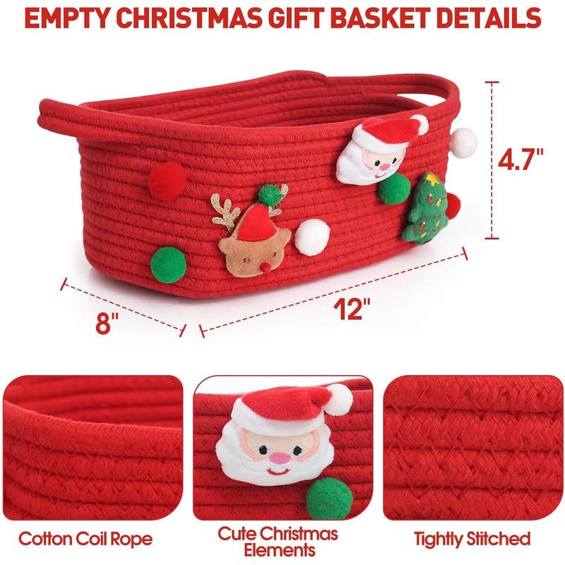 Christmas Gift Basket Empty Wrapping Set, Red Small Cotton Rope Basket with Gift Bag and Bow Ribbon Xmas Gifts for Women Men Kids, Storage Toy Snack Basket with Handle for Home Christmas Decorations