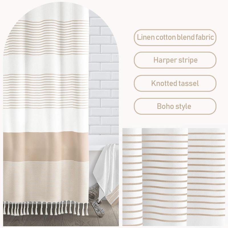 Boho Beige Shower Curtain for Bathroom Stripe Tassel Shower Curtain 36 X 72 Inches Farmhouse Linen