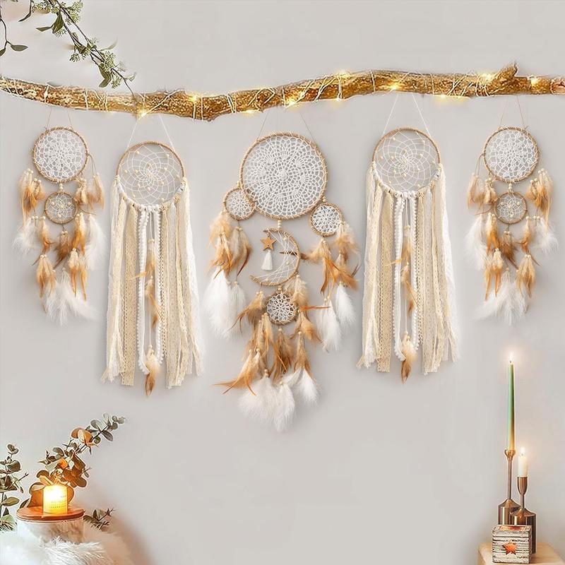 Boho Wall Hanging Dream Catcher, 5pcs set Feather Decor Woven Decorative Craft, Hanging Decor for Home Living Room Bedroom, Stocking Fillers Gift