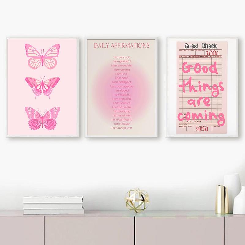 Butterfly & Letter Pattern Unframed Painting, 3 Counts set Creative Wall Art, Wall Decor for Home Living Room Bedroom Office