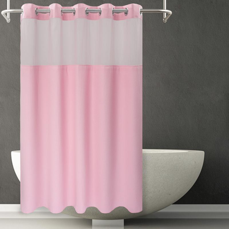 Candy Pink Fabric Shower Curtain Set, Cotton Blend, Waffle Weave, with Snap in Replacement Liner，71 x 74 inches