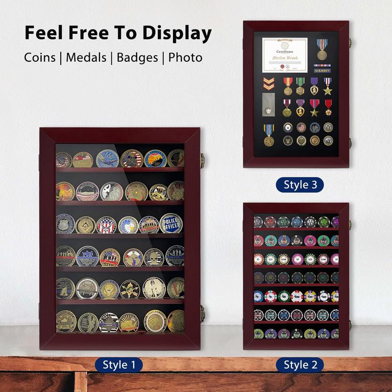 Challenge coin display box; HD Tempered Glass; removable shelves and black felt lining, wall mounted coin rack, tabletop display cabinet; storage box