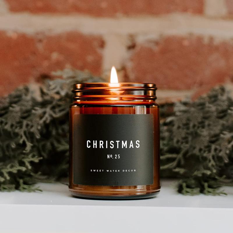 Sweet Water Decor Christmas Candle, Christmas Tree, Apple Cider and Cinnamon, Winter Holiday Scented Soy Candles for Home, Amber Jar, 40 Hour Burn Time