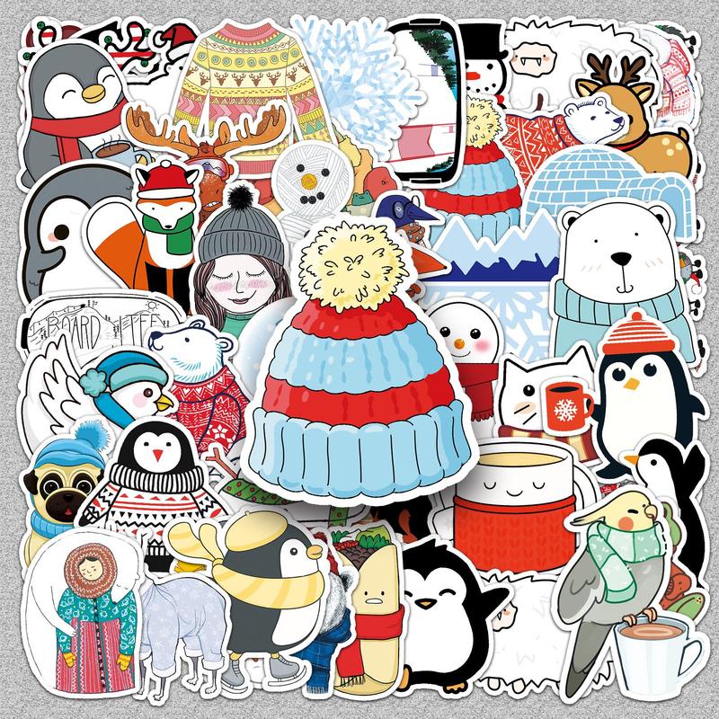 Winter Themed Sticker, 50pcs Cute Cartoon Pattern Decorative Sticker, DIY Stickers for Laptop, Phone Case