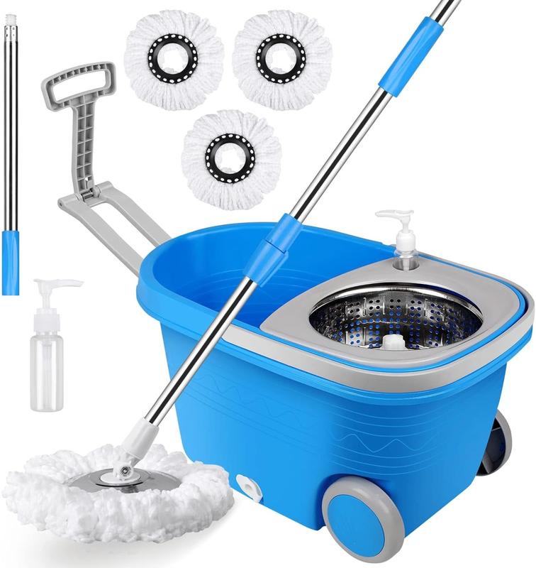 Spin Mop and Bucket with Wringer Set on Wheels, 360° Spinning Mop Bucket System with 3 Microfiber Mop Replacement Heads and 61