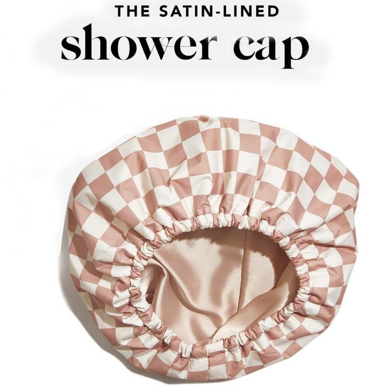 High-End Waterproof Shower Cap Long Shower Cap Fashionable Long Hair Women's Nursing Cap Double Layer Adult Shower Cap, Satin Lined Luxury Shower Cap - Plaid