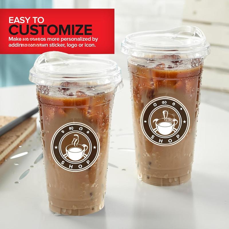 24 oz Clear Plastic Cups with Lids Disposable, Togo Drinking Cup with Strawless Sip Lid for Smoothie, Cold Brew Iced Coffee, Lemonade, Ice Latte, Boba, Party Drinks, Bulk, 24 Ounce (Set of 50)