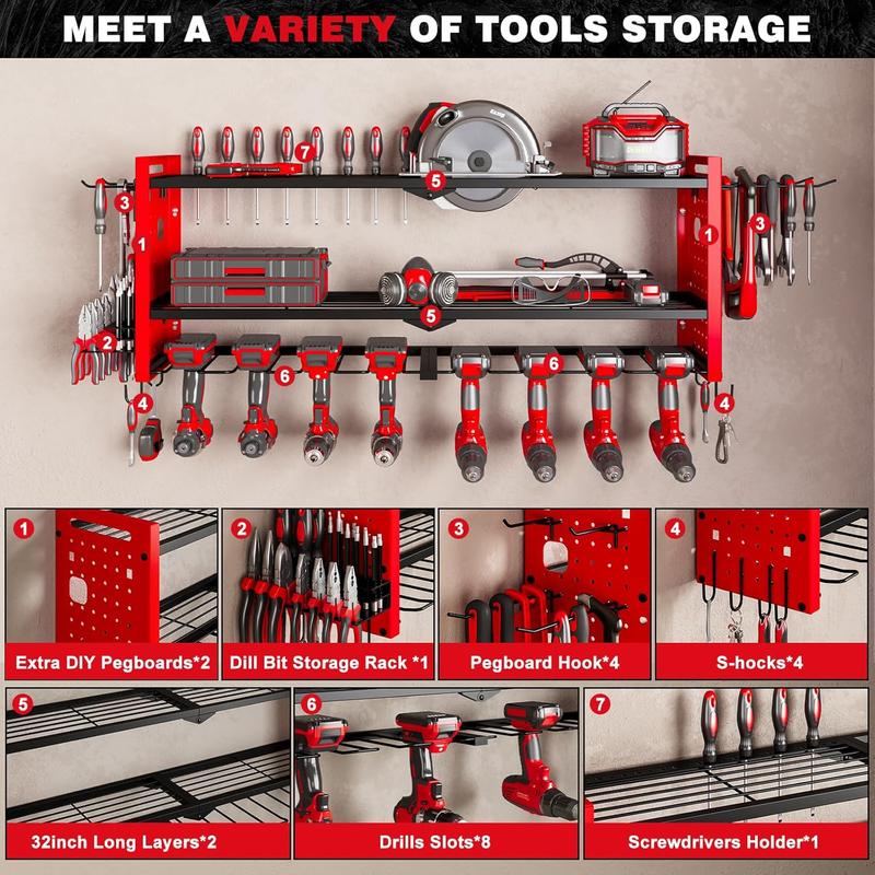 Power Tool Organizer Wall Mount,Cordless Drill Hanger Storage Rack 8 Drill Holder,3 Layers Heavy Duty Power Tool Storage Rackr(Red)